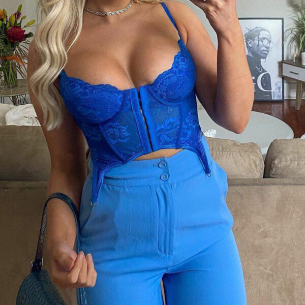 Lace Crop Top Floral Chic Bodycon Camis Cropped Backless Corset Retro Vintage Shirts Vests Transparent Hook Top - Image 2